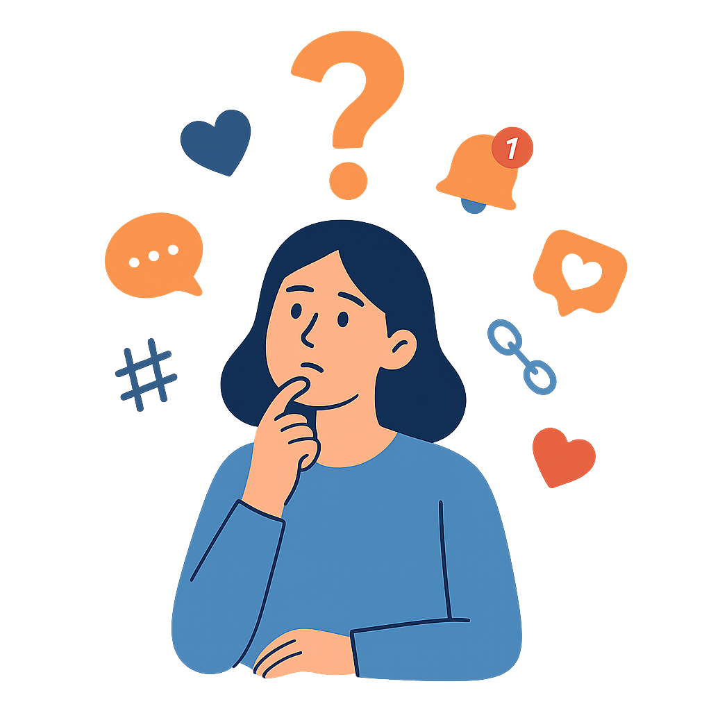 Ilustração de pessoa com dúvidas sobre redes sociais