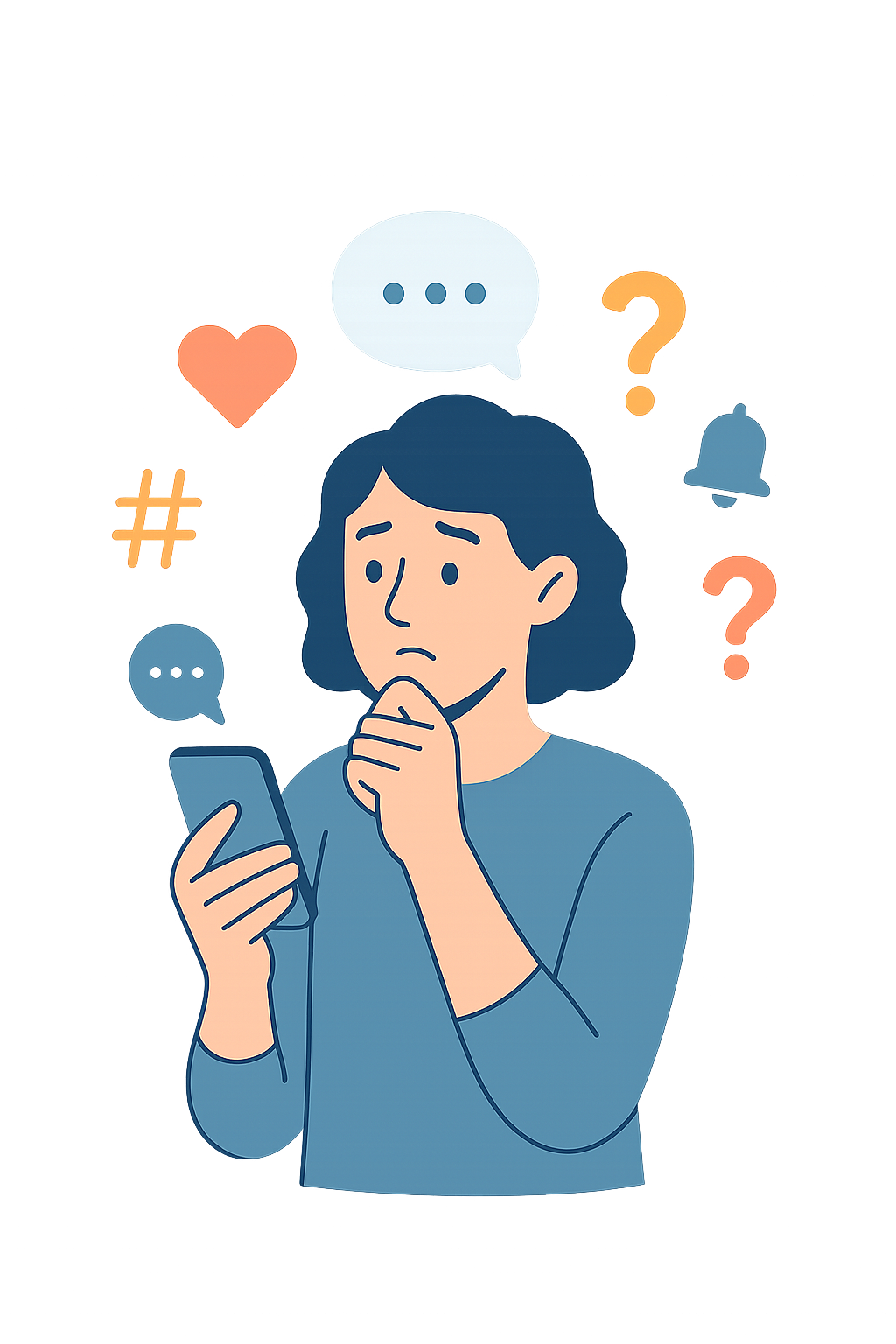 Pessoa pensativa com um celular na mão, cercada por ícones de redes sociais